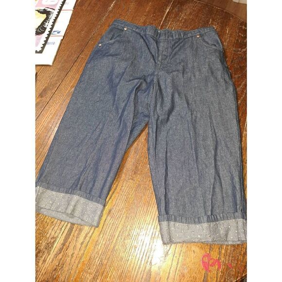 American Sweetheart Pants - 16P American Sweetheart Denim Blue Jean Cotton Capri Cuffed Hem Studded